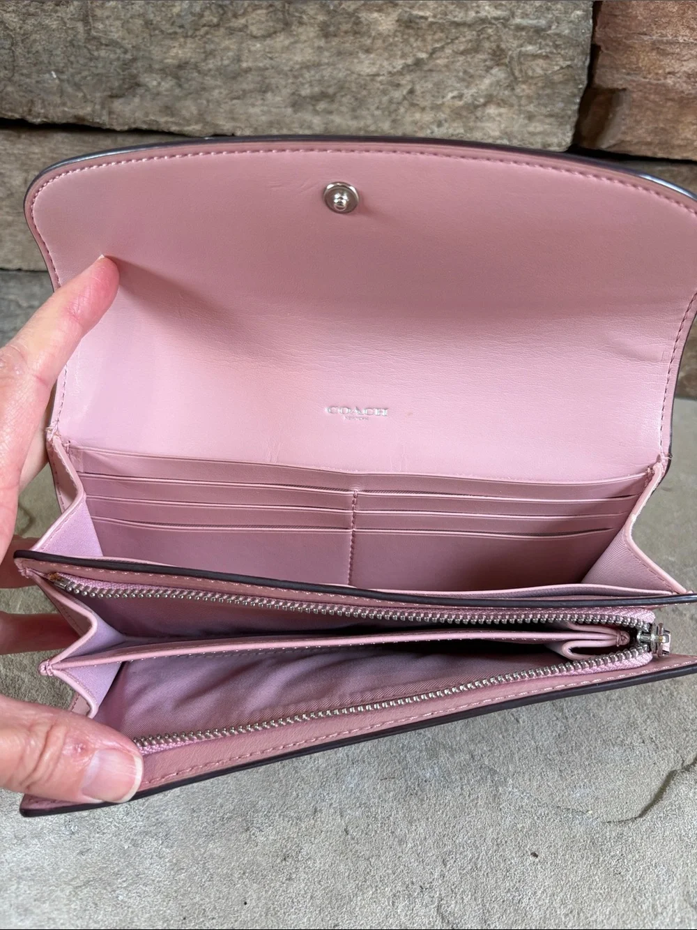 Coach slim envelope wallet featuring signature coated canvas & pink leather flap - Picture 5 of 11
